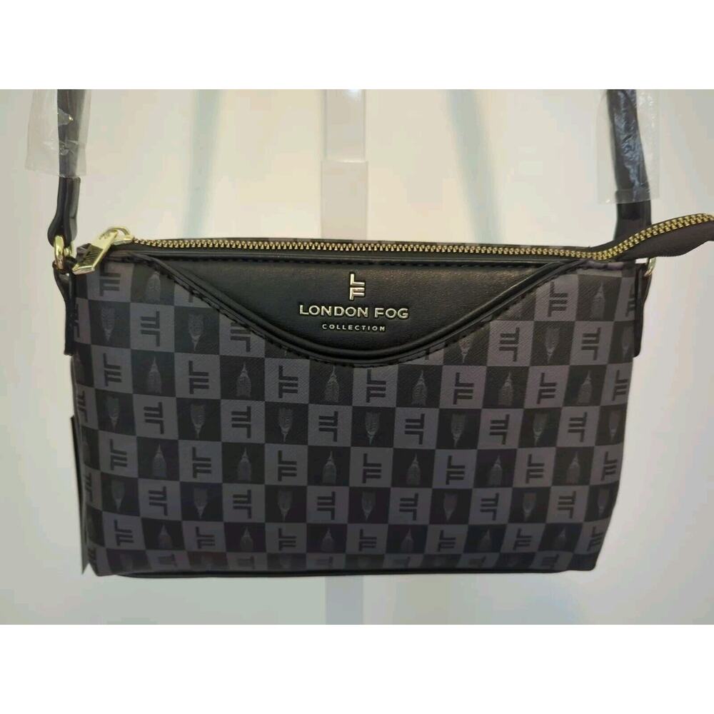 LONDON FOG Black Gray Addison Tower Monogram Purse Shoulder Bag Crossbody NWT